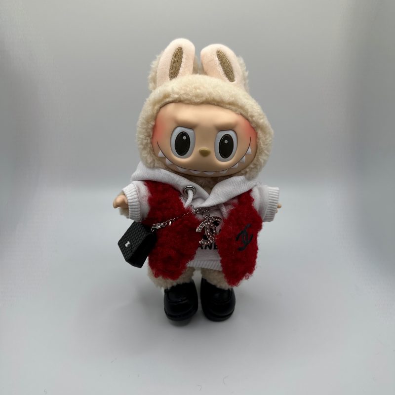 Labubu Chanel-Inspired Red Fur Vest& white Hoodie Set - Image 6