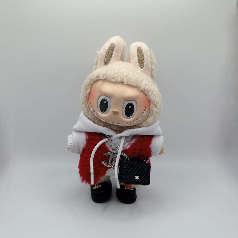 Labubu Chanel-Inspired Red Fur Vest& white Hoodie Set - Image 3