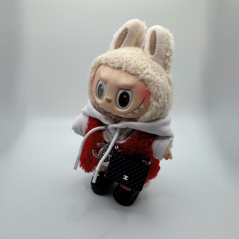 Labubu Chanel-Inspired Red Fur Vest& white Hoodie Set - Image 5