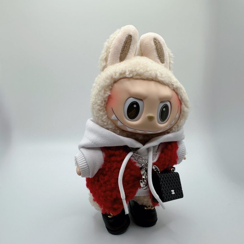 Labubu Chanel-Inspired Red Fur Vest& white Hoodie Set - Image 4