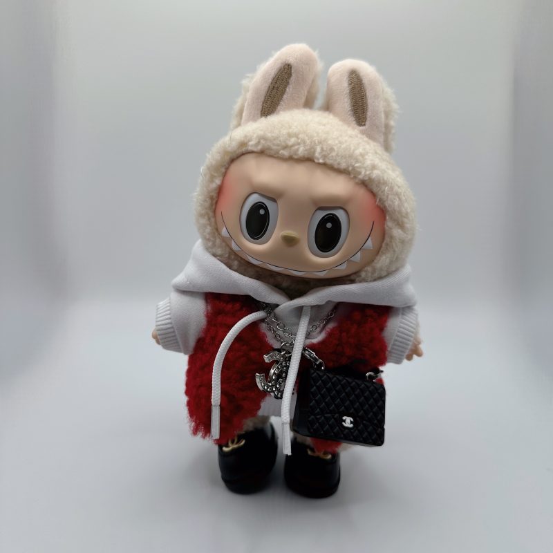 Labubu Chanel-Inspired Red Fur Vest& white Hoodie Set - Image 7
