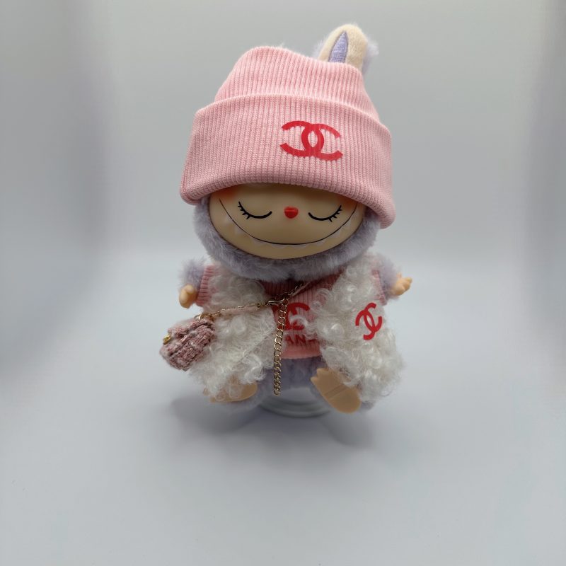 Labubu Chanel-Inspired White Fur Vest & Pink Knit Sweater Set