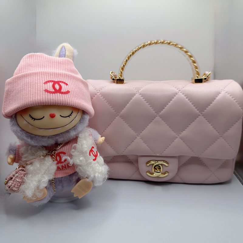 Labubu Chanel-Inspired White Fur Vest & Pink Knit Sweater Set - Image 2
