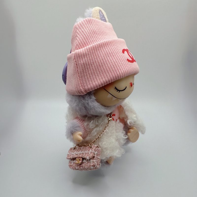Labubu Chanel-Inspired White Fur Vest & Pink Knit Sweater Set - Image 3