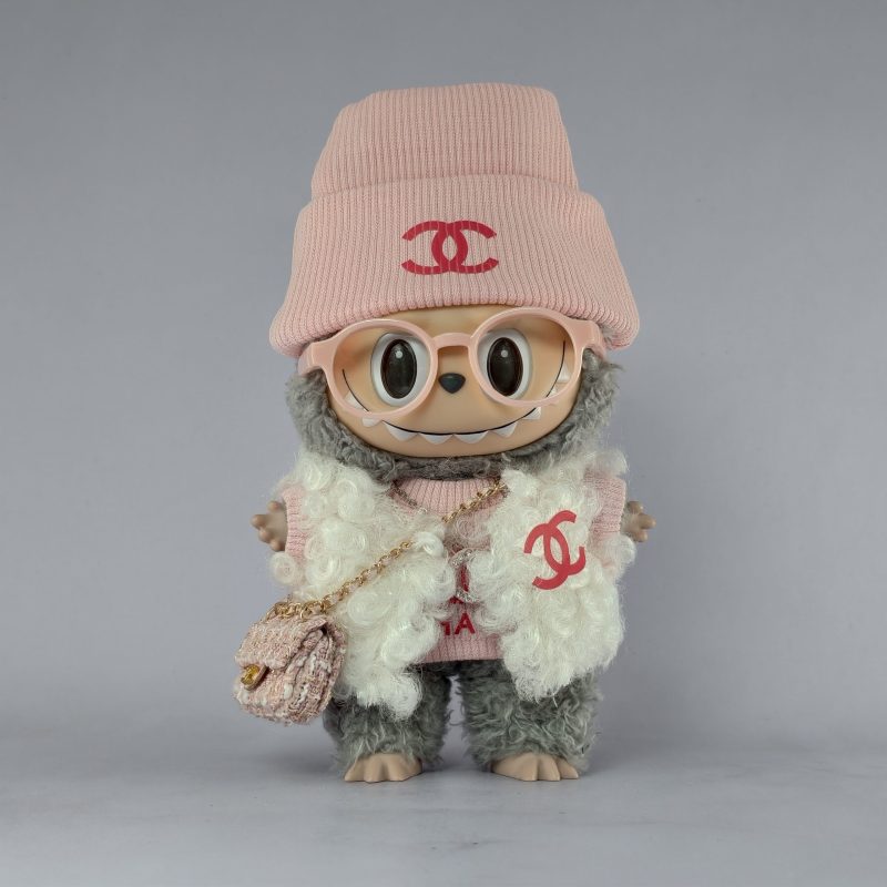 Labubu Chanel-Inspired White Fur Vest & Pink Knit Sweater Set